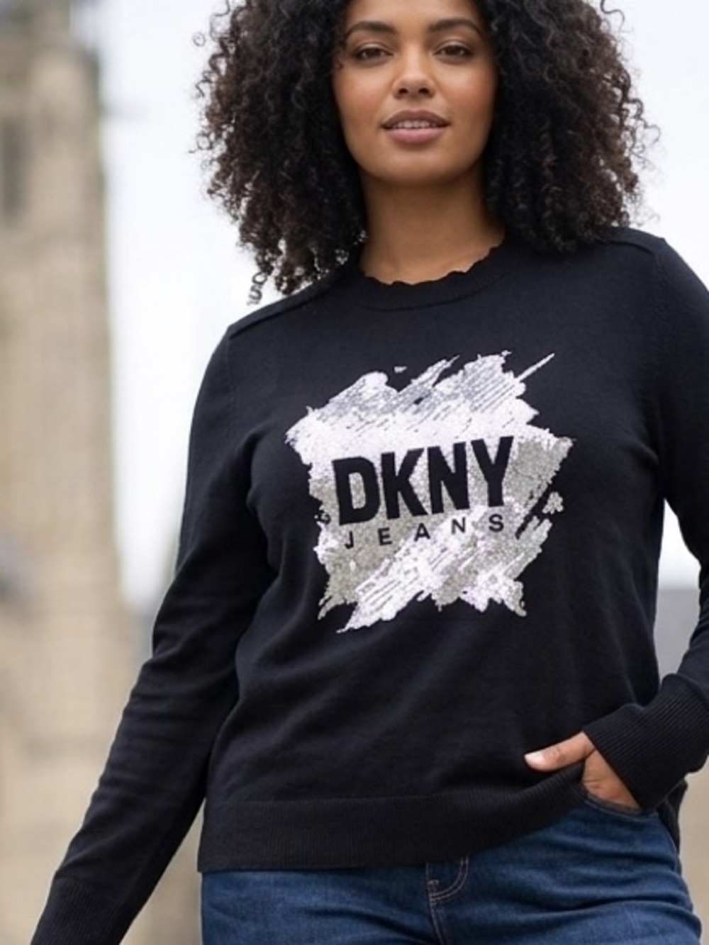 DKNY Jeans Y2K Style Sequin Graphic Statement Knit Sweater M Slim Fit